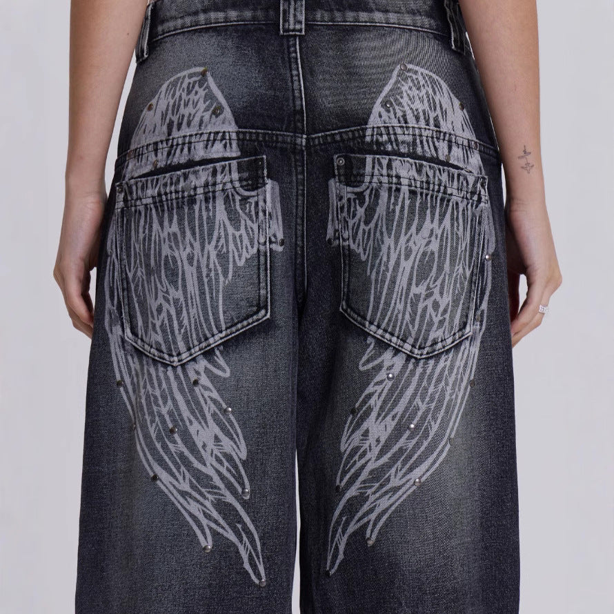 Damen weite Jeans mit kunstvollem Flügel-Design und einzigartigen Details Lisslune