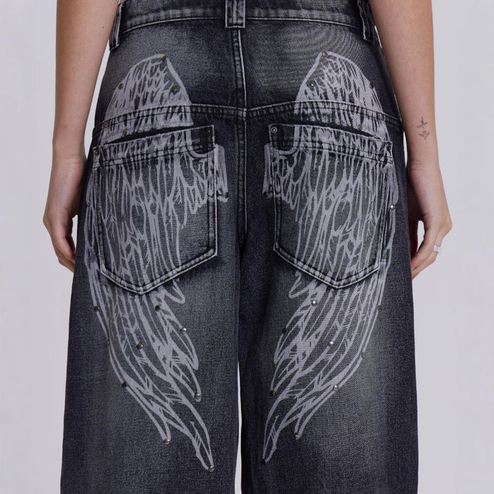Damen weite Jeans mit kunstvollem Flügel-Design und einzigartigen Details Lisslune