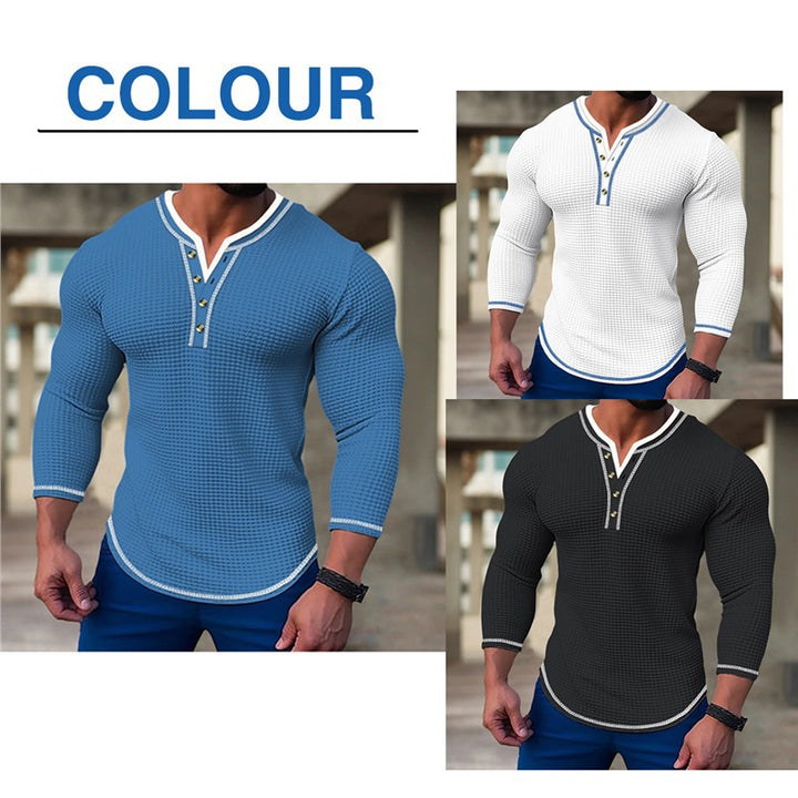 Men's fashionable long sleeve Henley shirt with textured design and button placket Lisslune