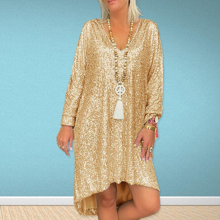 Ladies Sparkling Oversized Dress with V-Neck and Long Sleeves Lisslune
