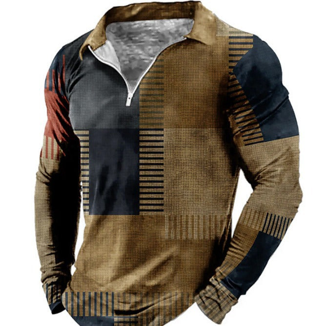 Men's Long Sleeve Polo Shirt with Fashionable Patchwork Design and Functional Zipper Lisslune