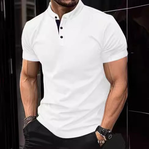 Men's stylish short-sleeve shirt with modern stand-up collar and decorative buttons Lisslune