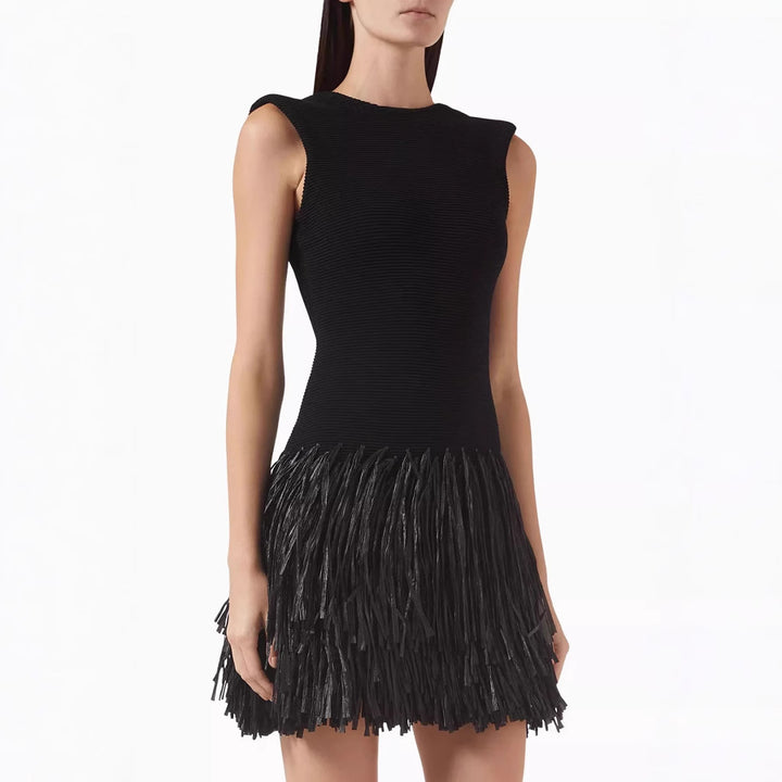 Women's Form-fitting Mini Dress with Fringe and Round Neckline Lisslune