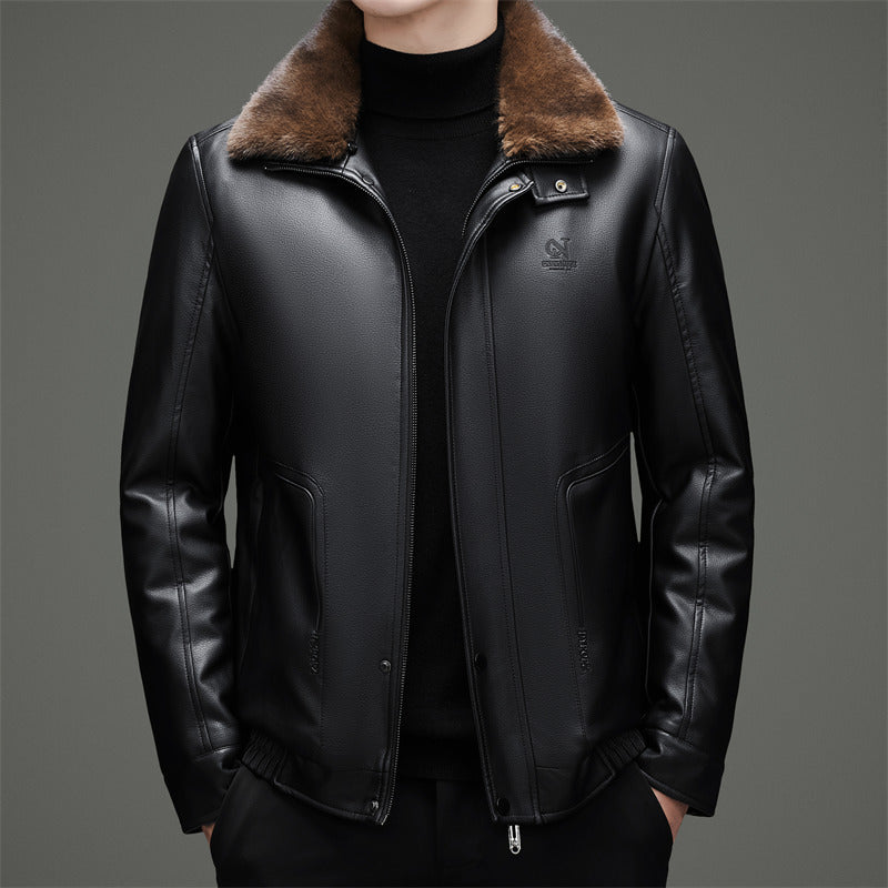 Men's Stylish Synthetic Leather Jacket with Warm Synthetic Fur Collar Lisslune