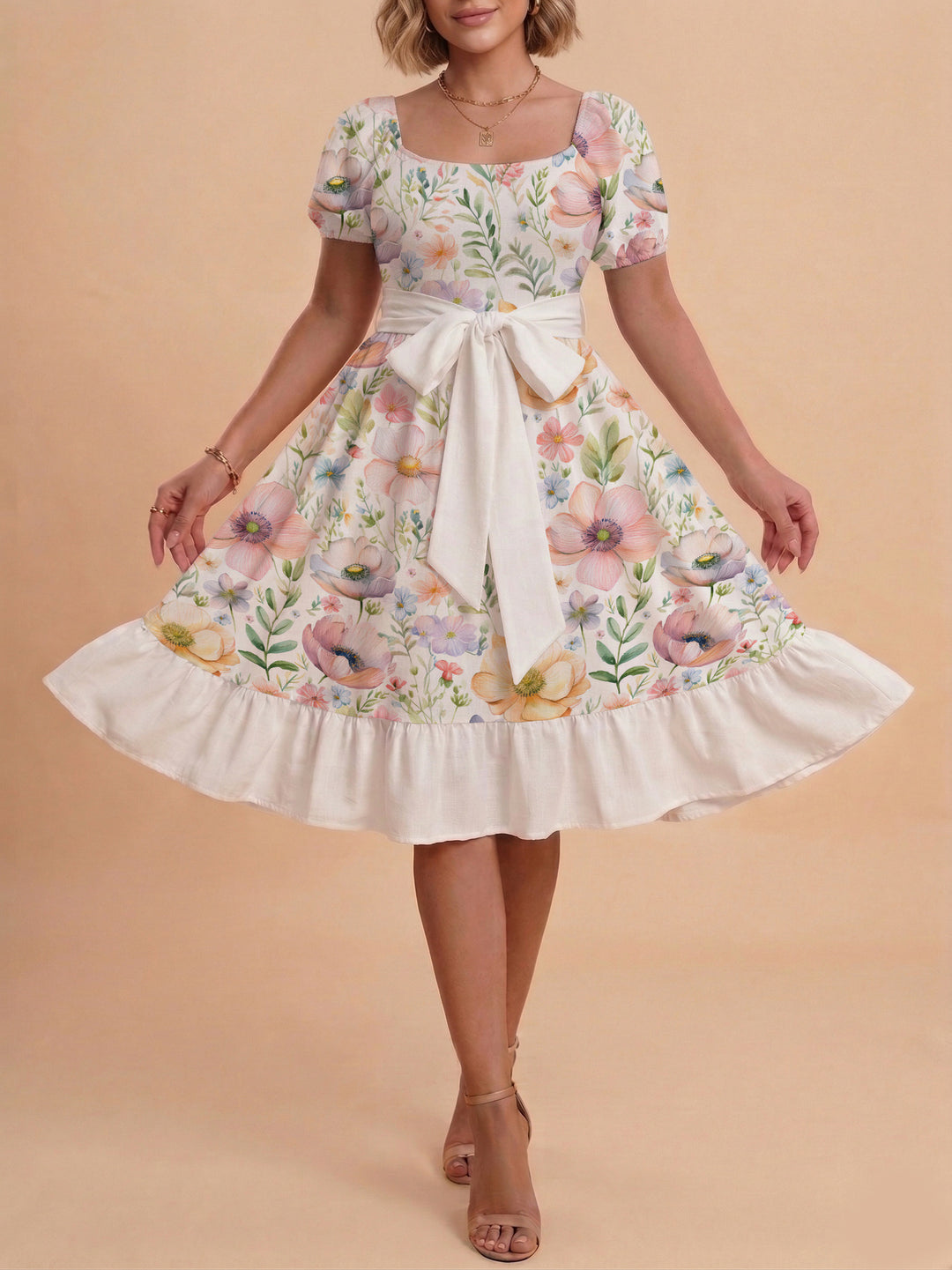 Women's elegant maxi dress with floral design and waist belt Lisslune