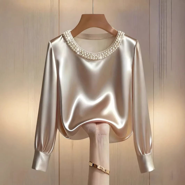 Damen elegante satinierte Bluse mit Perlenkragen Lisslune