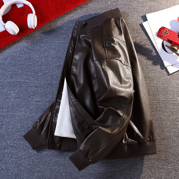 Men's Synthetic Leather Bomber Jacket with Elastic Ribbed Cuffs and Practical Pockets Lisslune