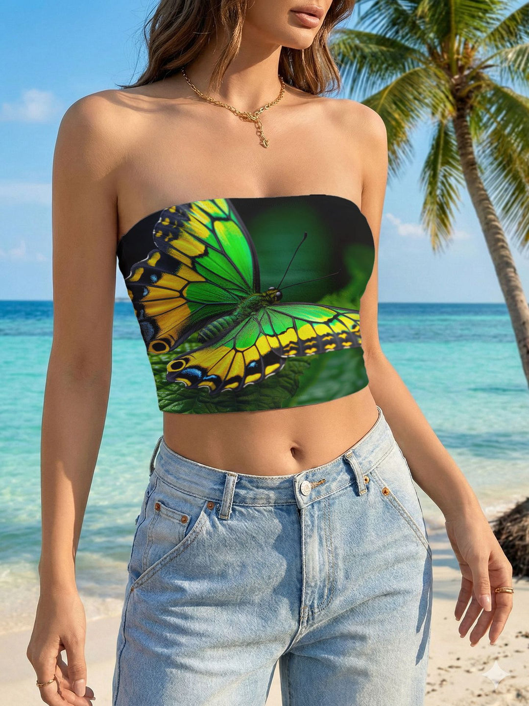 Women's bandeau top with floral bird motif and elastic fit Lisslune