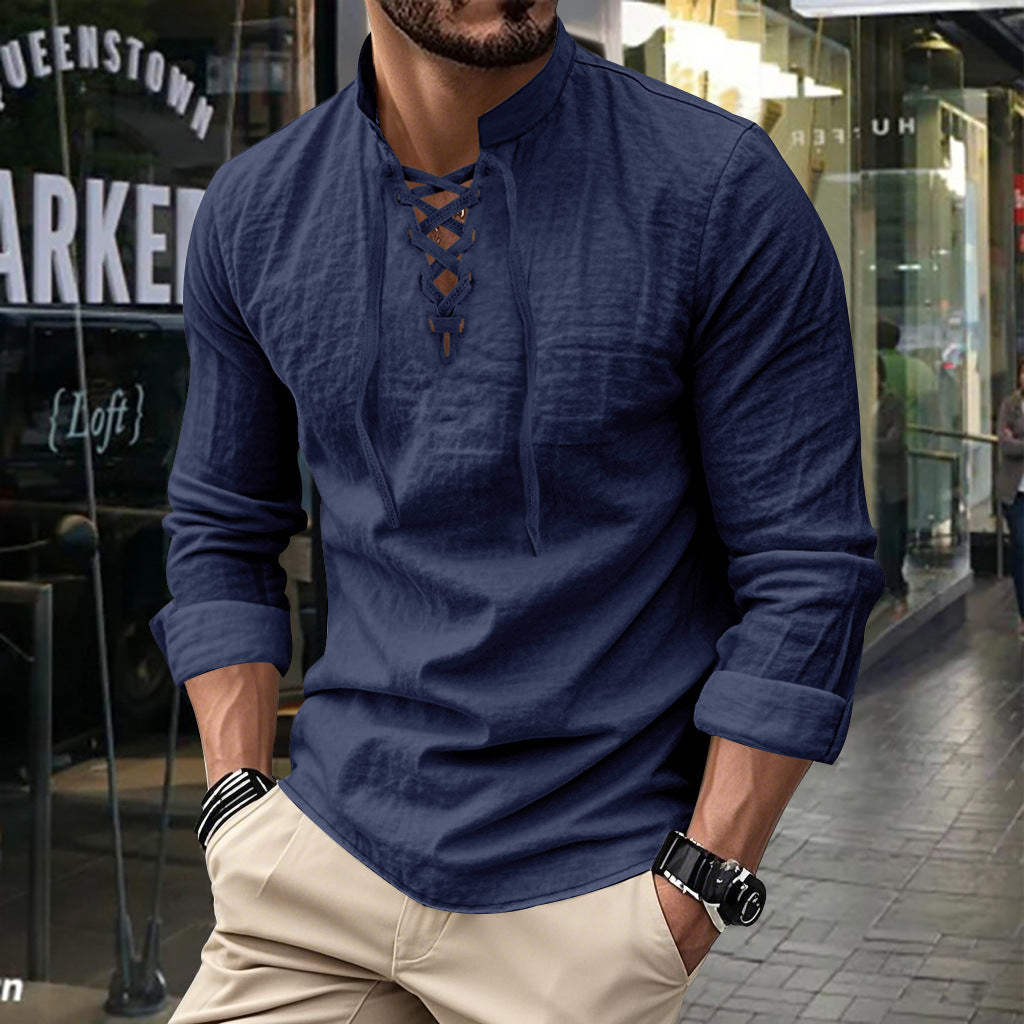 Men's long-sleeved shirt with trendy lacing and stand-up collar Lisslune