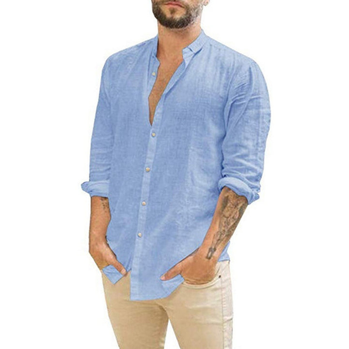 Men's Long Sleeve Shirt with Modern Stand-Up Collar and Textured Design Lisslune