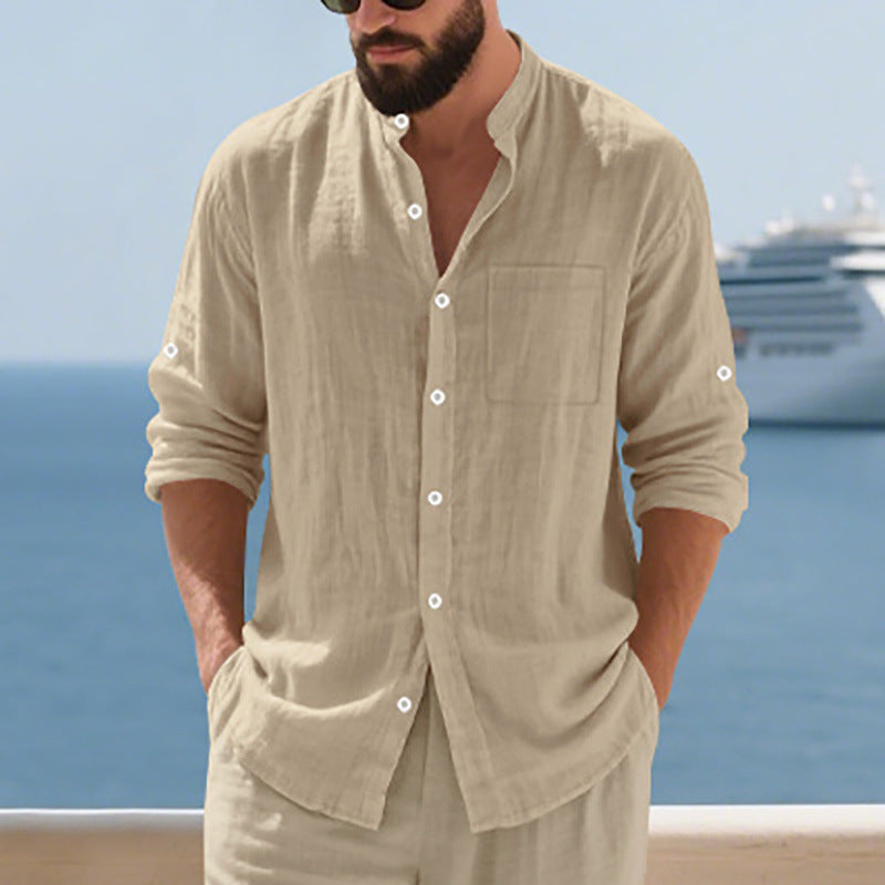 Men's linen shirt with modern stand-up collar and practical breast pocket Lisslune