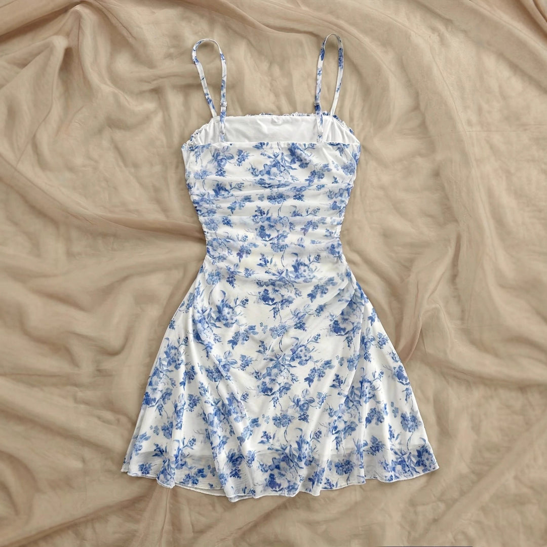 Damen Sommerliches Blumenkleid mit Spaghetti-Trägern und Raffungen Lisslune