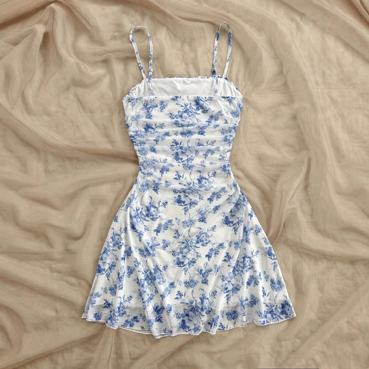 Damen Sommerliches Blumenkleid mit Spaghetti-Trägern und Raffungen Lisslune