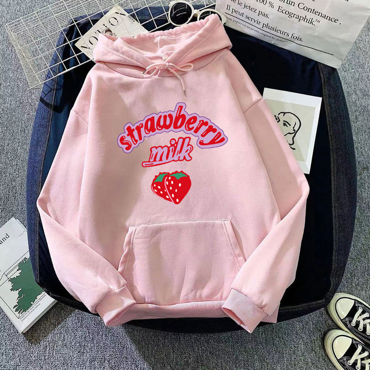 Ladies hooded sweatshirt with cheerful strawberry milk design Lisslune