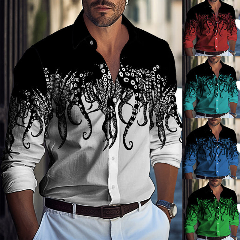 Men's Long Sleeve Shirt with Unique Octopus Print Lisslune