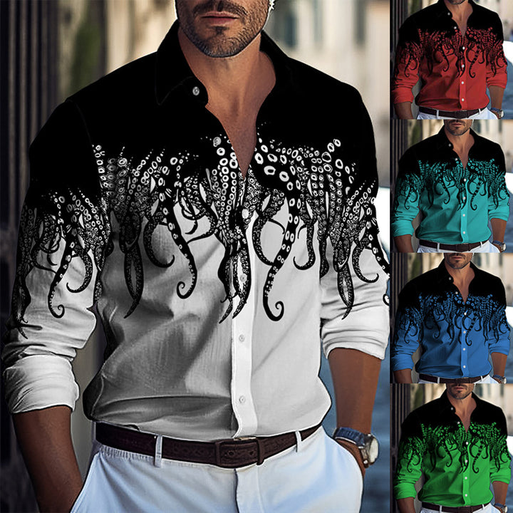 Men's Long Sleeve Shirt with Unique Octopus Print Lisslune