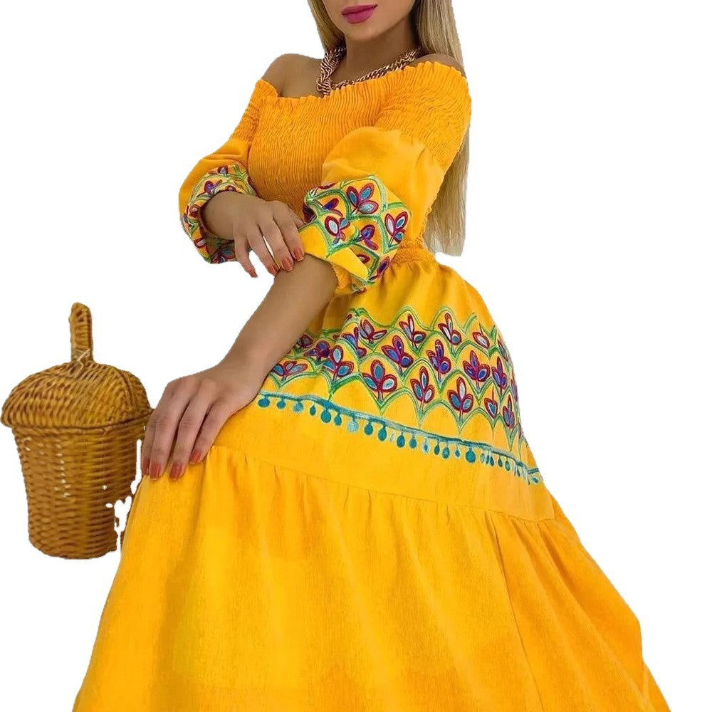 Women's Boho Maxi Dress with Off-the-Shoulder Design and Playful Embroidery Detail