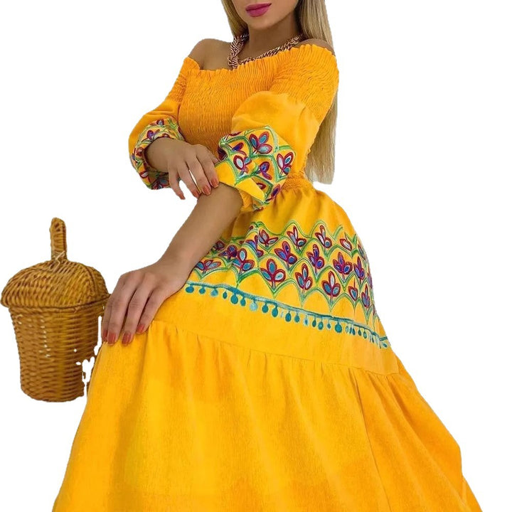 Women's Boho Maxi Dress with Off-the-Shoulder Design and Playful Embroidery Detail