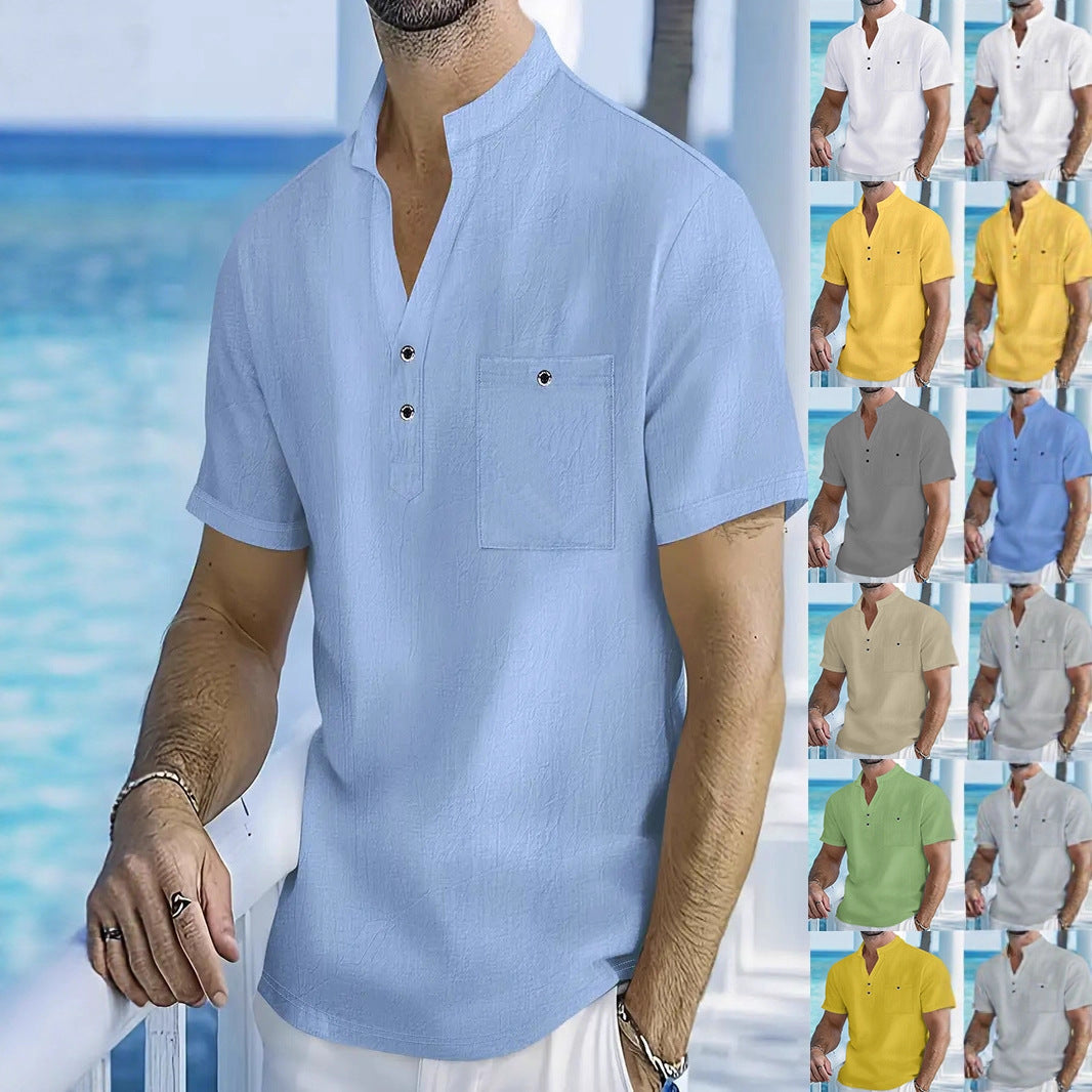 Men's short sleeve shirt with fashionable stand-up collar and button details Lisslune