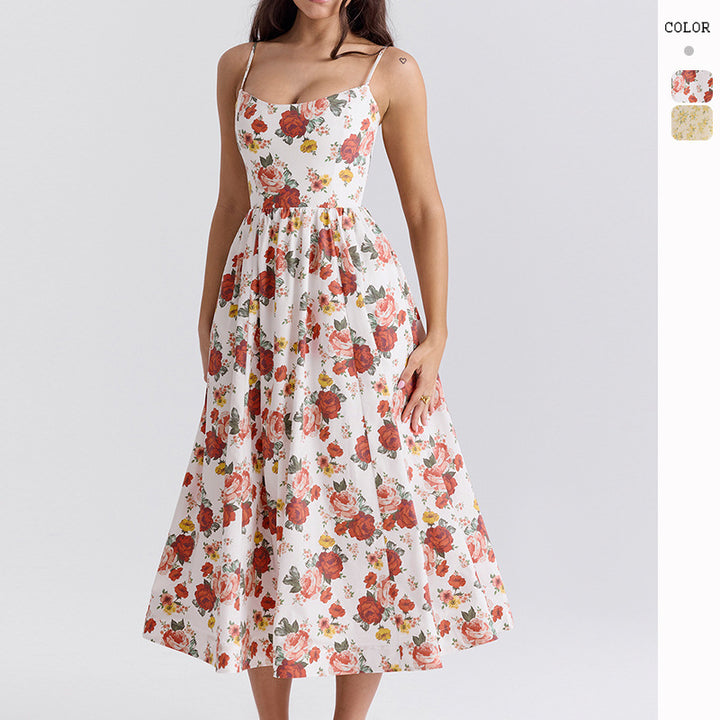 Women’s midi floral dress with strapless style and swinging skirt Lisslune