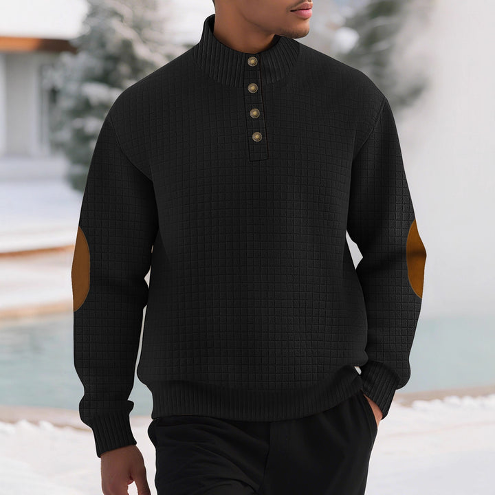 Men's fashionable stand-up collar sweater with textured design and leather applications Lisslune