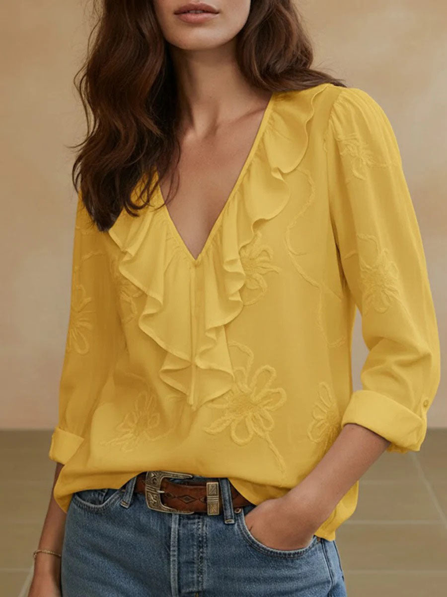 Damen elegante Bluse mit Volant und floralem Stickmuster Lisslune