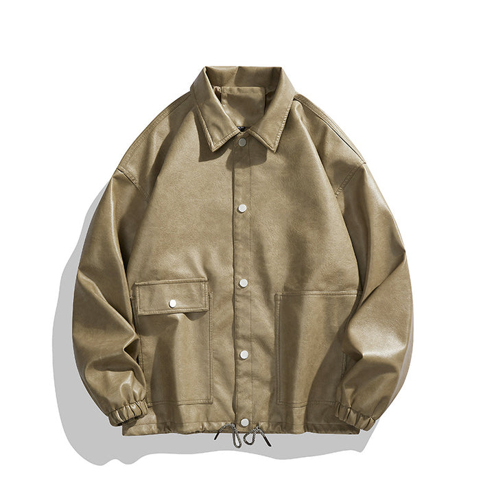 Men's Casual Synthetic Leather Jacket with Practical Snap Buttons and Elastic Waistband Lisslune