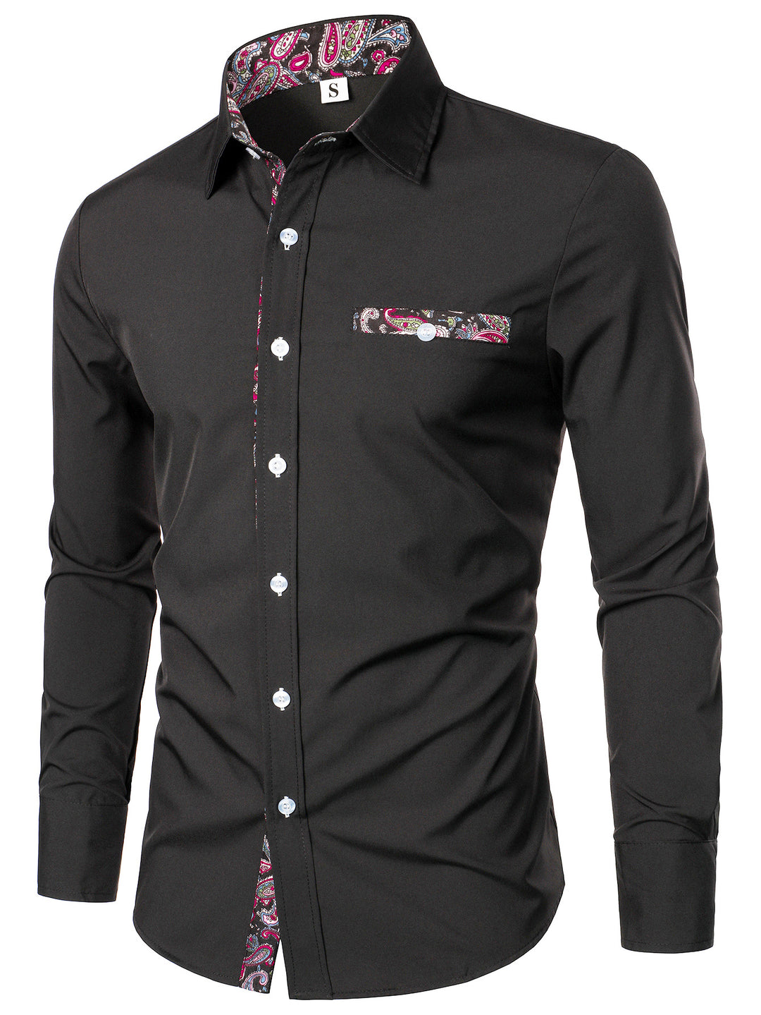 Men's long-sleeve shirt with paisley pattern on the collar's inner side Lisslune