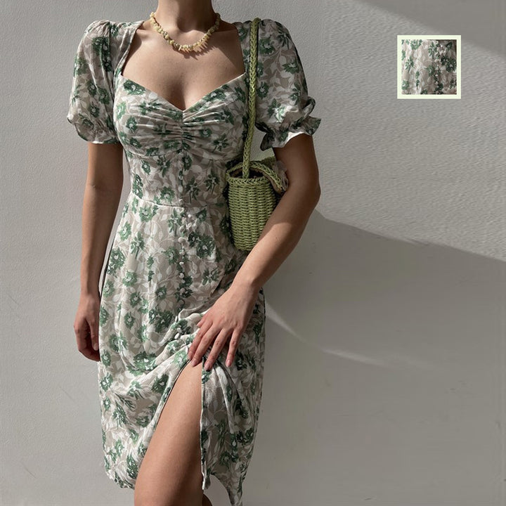 Women’s floral dress with gathered sleeves and side slit Lune London
