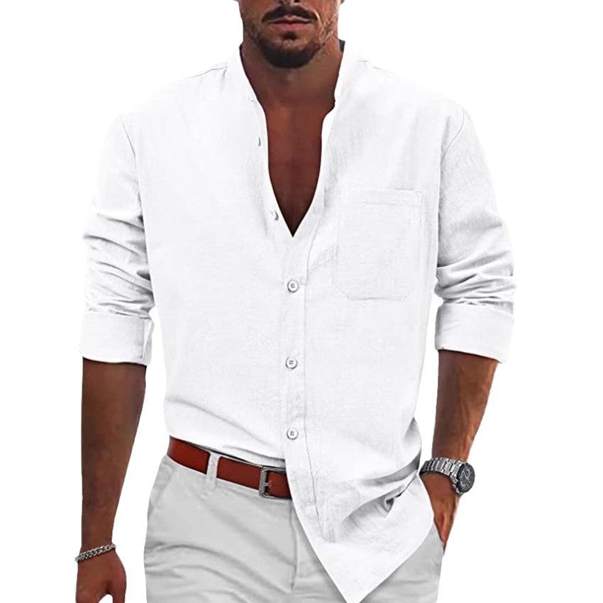 Men's casual linen shirt with classic V-neck and chest pocket Lisslune