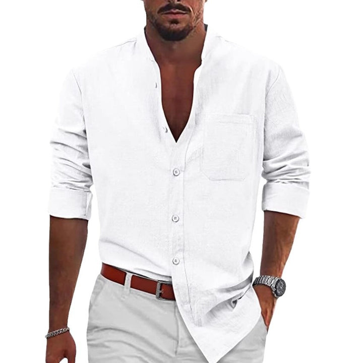 Men's casual linen shirt with classic V-neck and chest pocket Lisslune