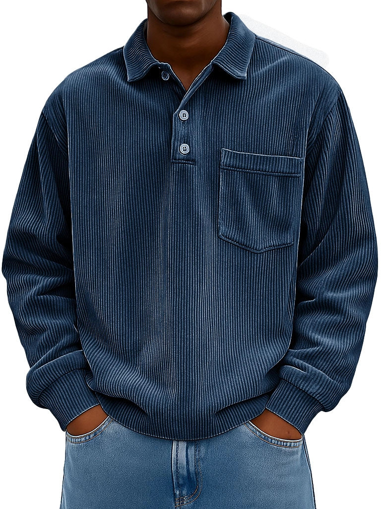 Men's Casual Polo Shirt with Textured Rib Design and Chest Pocket Lisslune