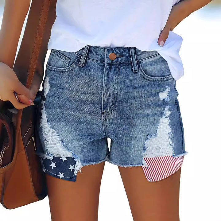 Women's Destroyed Denim Shorts with Creative Patch Details Lisslune