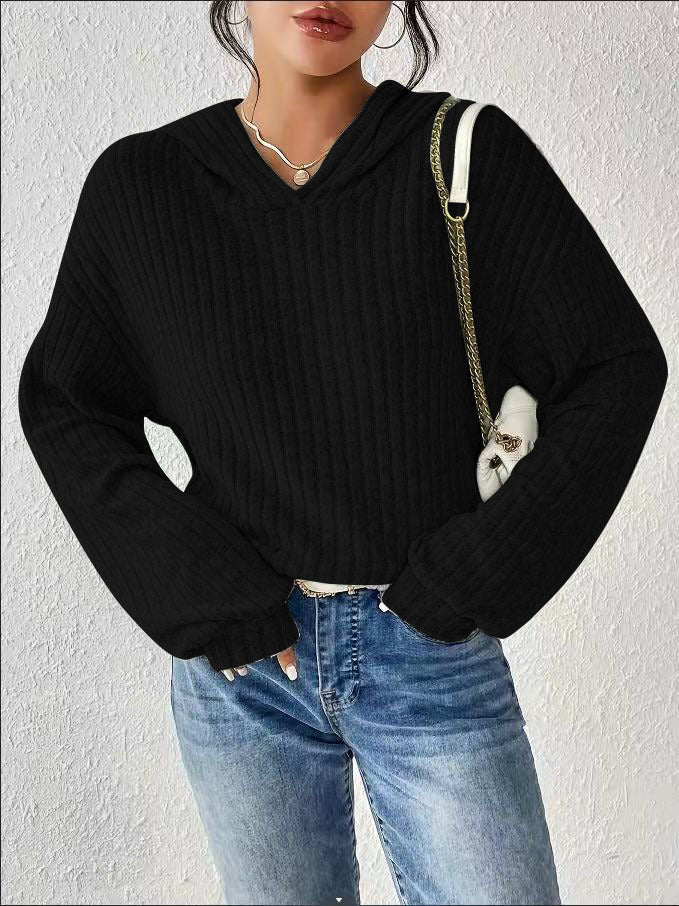 Damen Lässiger Kapuzenpullover mit Stilvollem Rippmuster und Überschnittenen Ärmeln Lisslune