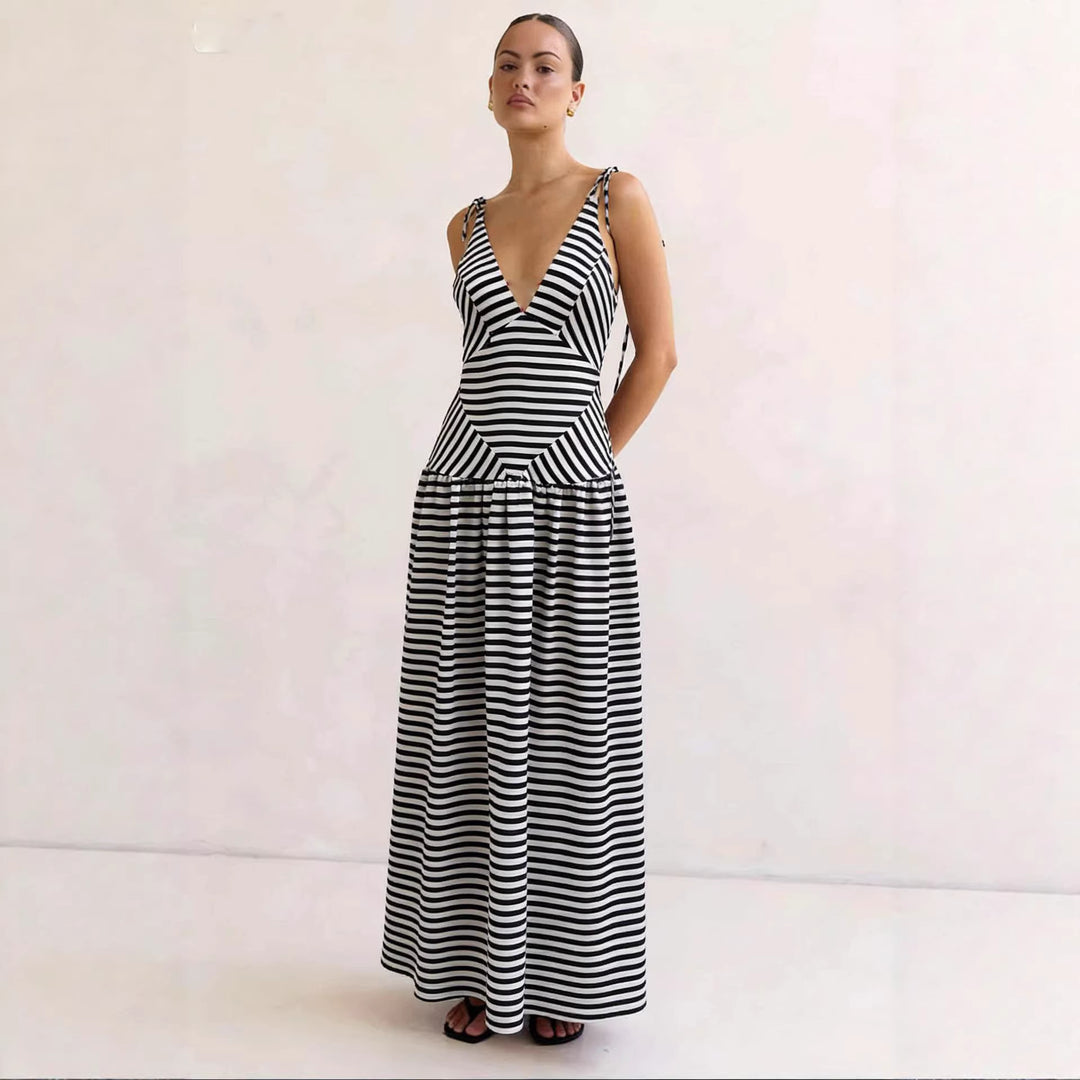 Women's maxi dress with deep V-neck and modern striped pattern Lune London