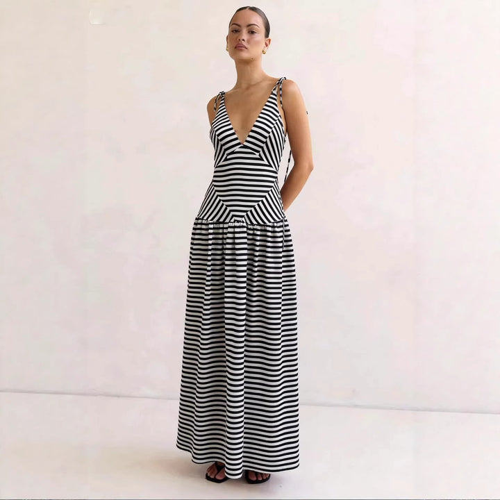 Women's maxi dress with deep V-neck and modern striped pattern Lune London