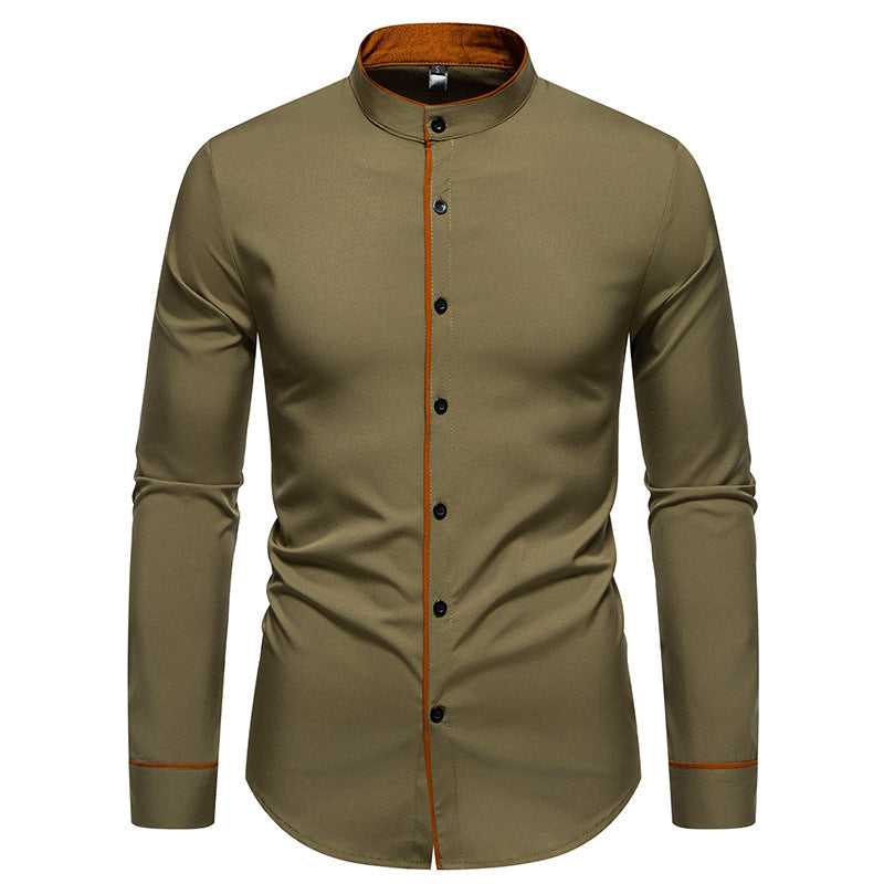 Men's long sleeve shirt with modern stand-up collar and embroidered detail Lisslune
