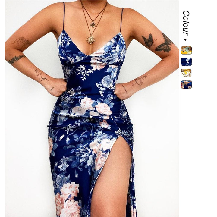 Women's maxi dress with deep V-neck and elegant slit
