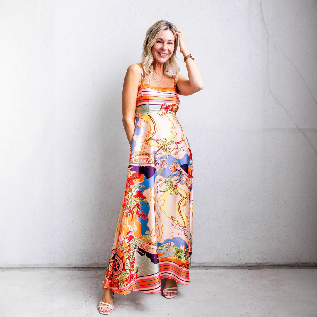 Women's maxi dress with exciting graphic print and playful design