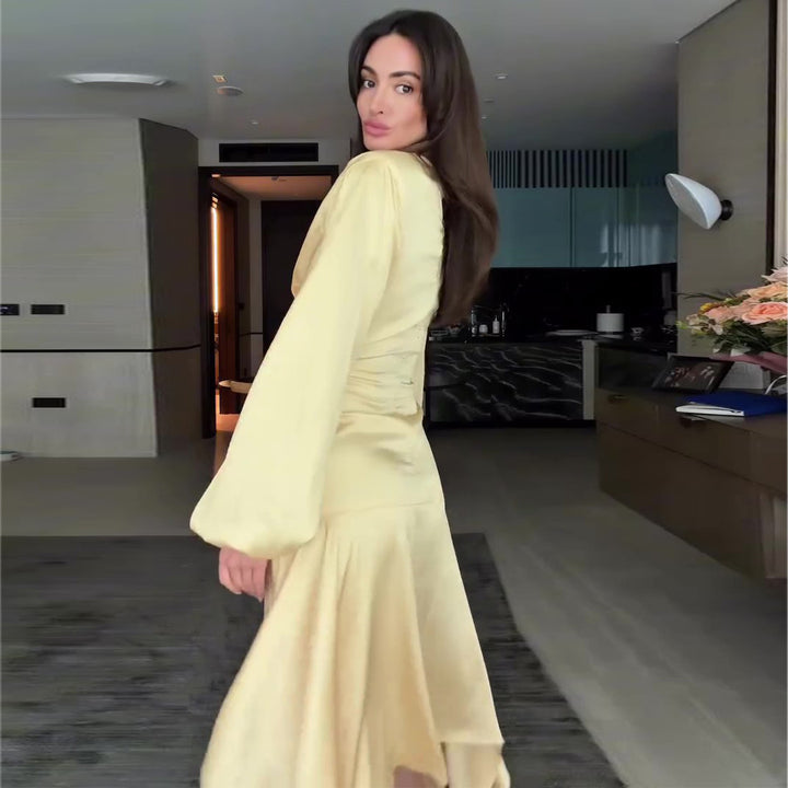 Women's elegant wrap dress with fashionable cut-out details and voluminous sleeves Lisslune