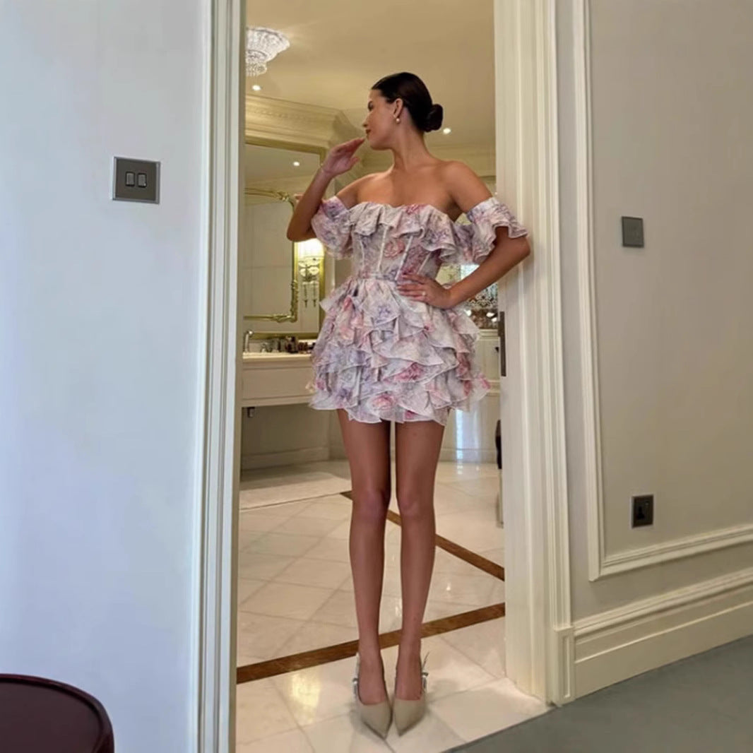 Ladies Ruffled Cocktail Dress with Off-Shoulder Design and Fitted Cut Lisslune