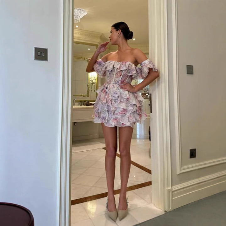 Ladies Ruffled Cocktail Dress with Off-Shoulder Design and Fitted Cut Lisslune