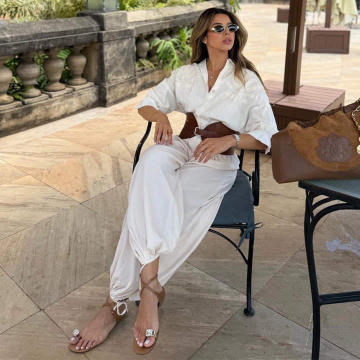 Women's voluminous jumpsuit with elegant button blouse and waist belt Lisslune