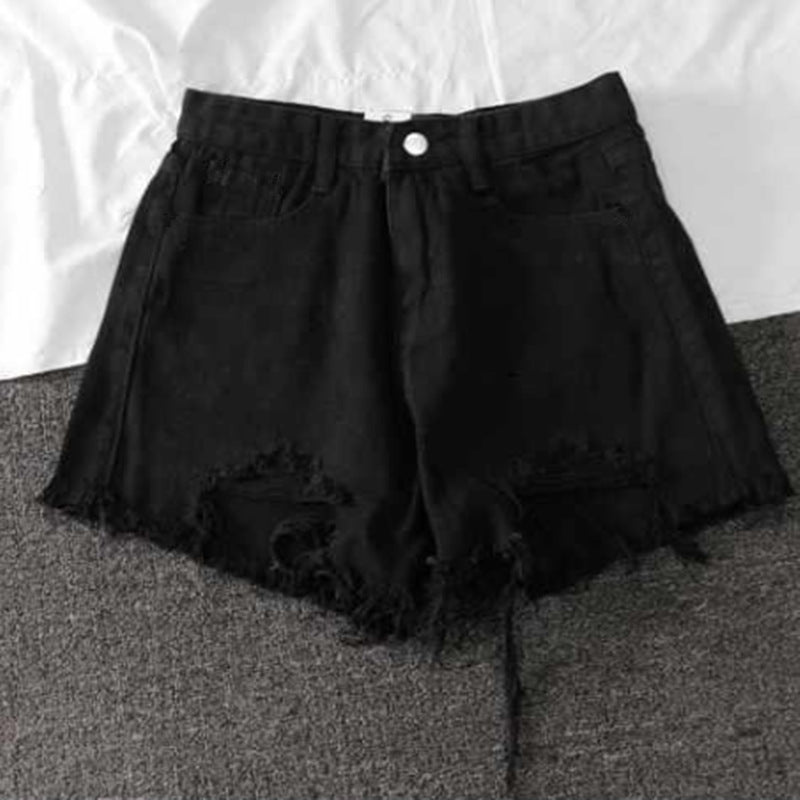 Women's Destroyed Denim Shorts with High Waist and Frayed Hem