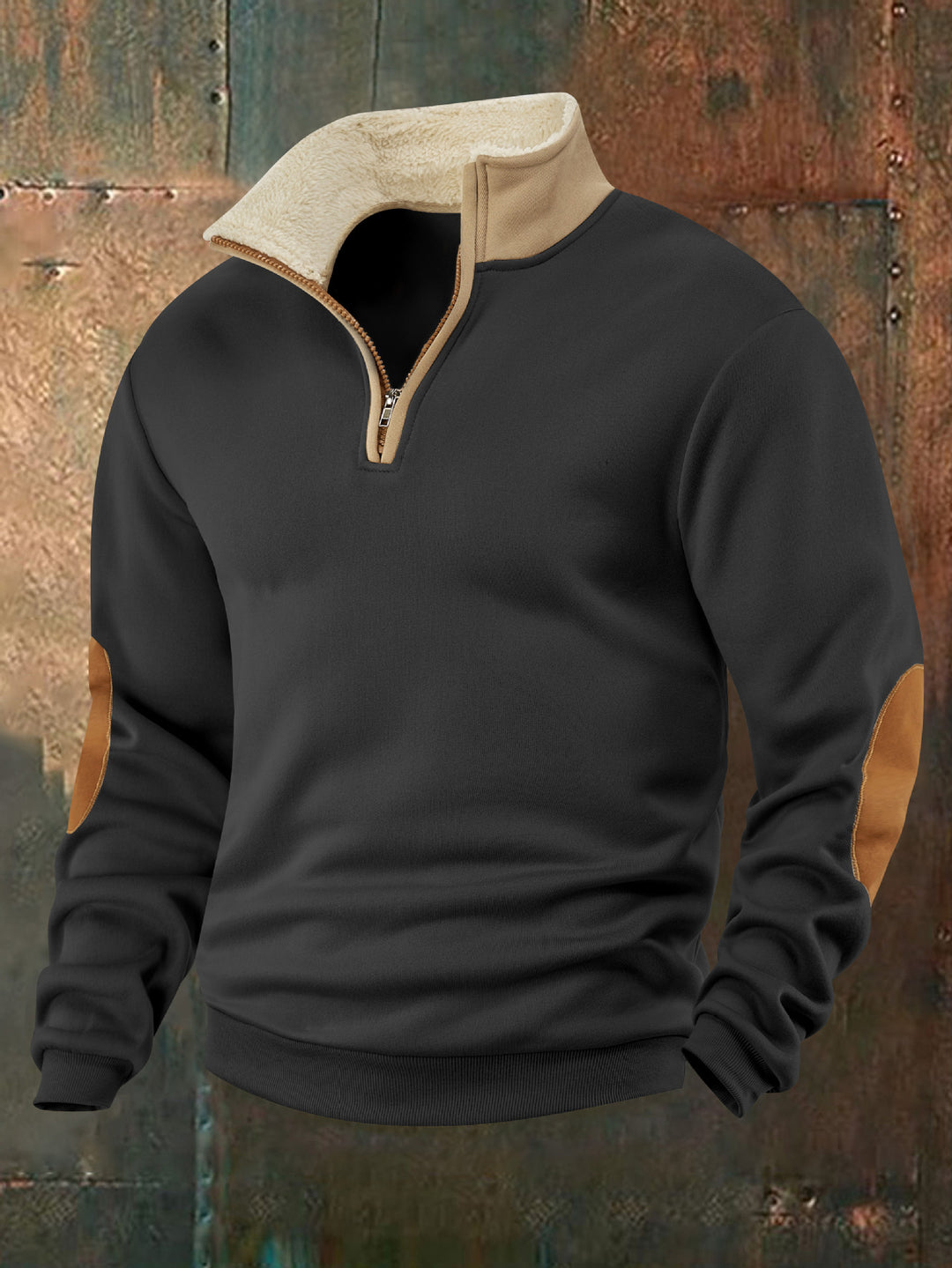 Men's fleece pullover with high collar and fashionable leather appliqués Lisslune
