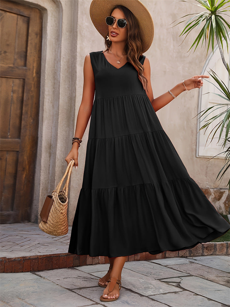 Damen Elegantes Sommer-Maxi-Kleid mit voluminösem Rock und V-Ausschnitt Lisslune