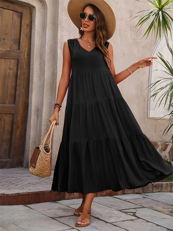 Damen Elegantes Sommer-Maxi-Kleid mit voluminösem Rock und V-Ausschnitt Lisslune