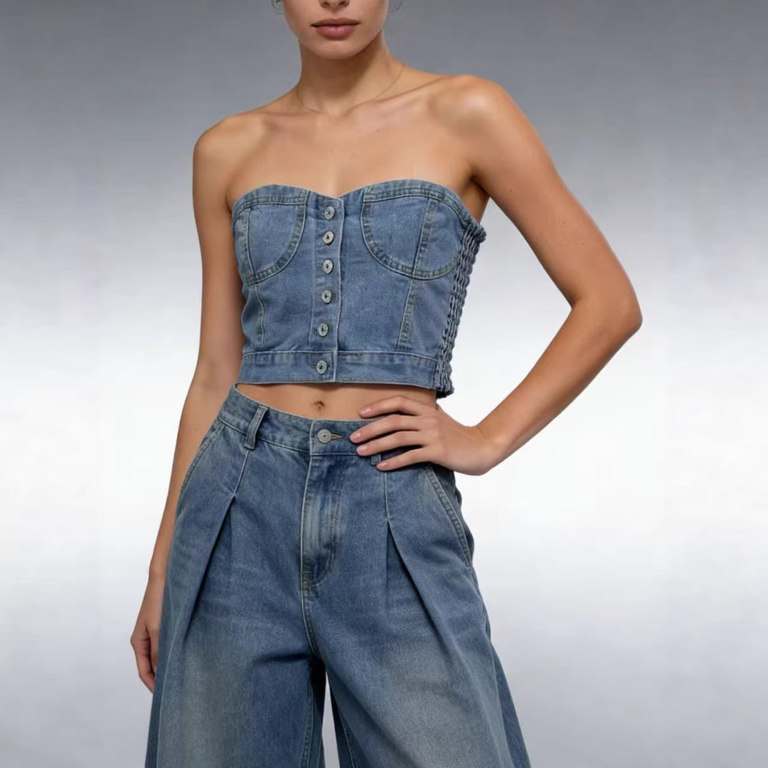 Women Denim Bustier Top with Button Details and Tailored Cut Lisslune