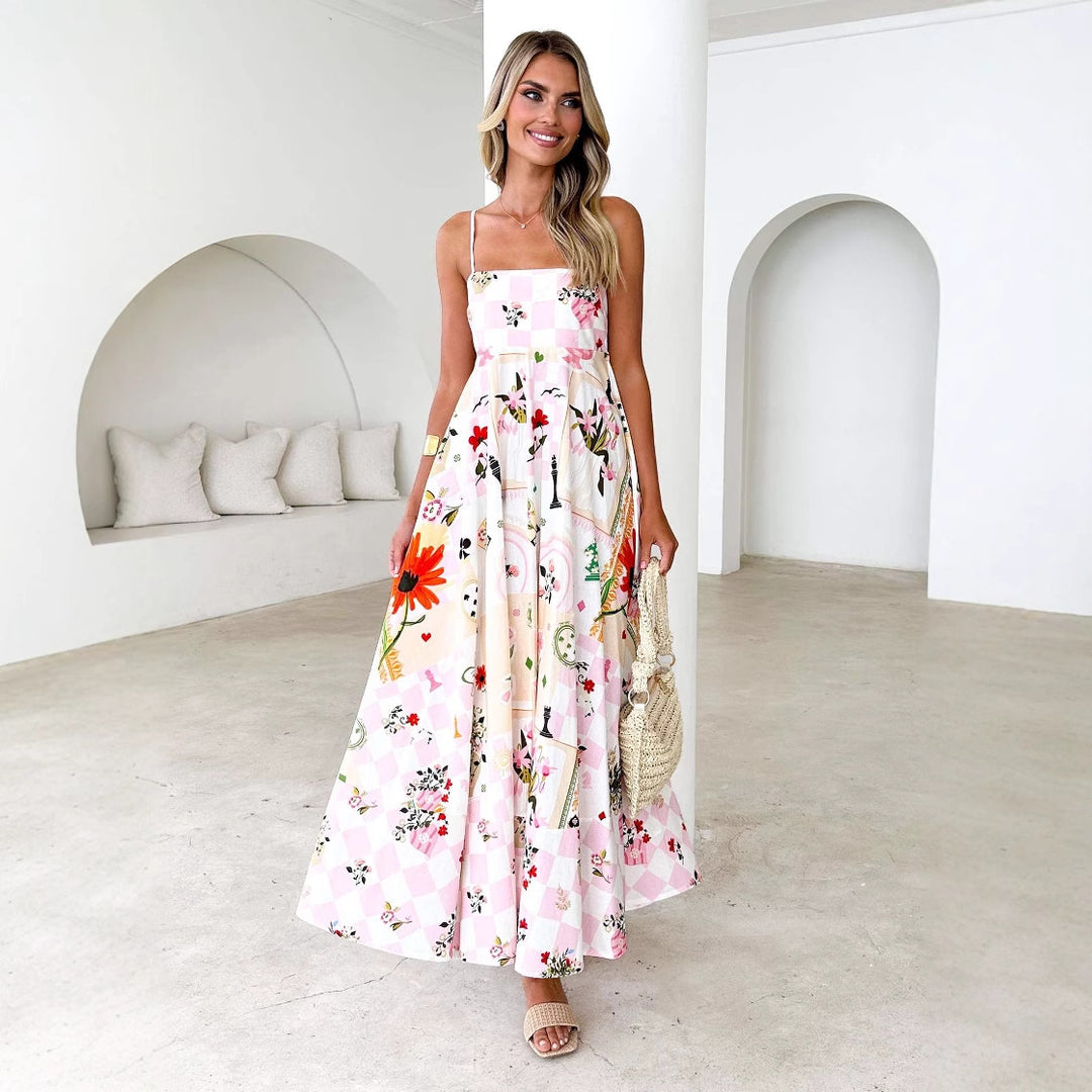 Women's maxi dress with playful floral design and cut-out details