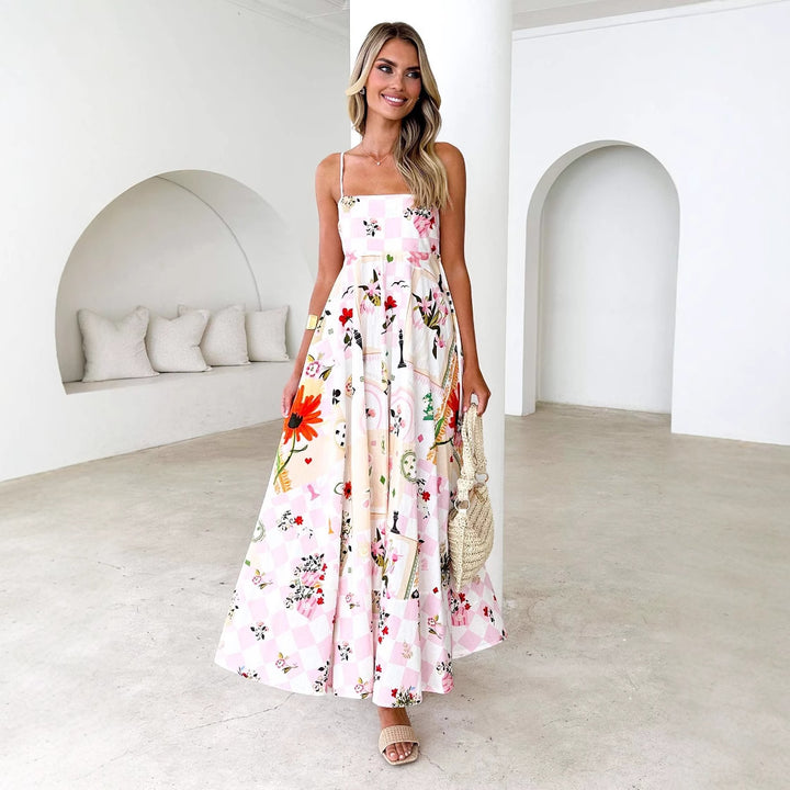 Women's maxi dress with playful floral design and cut-out details